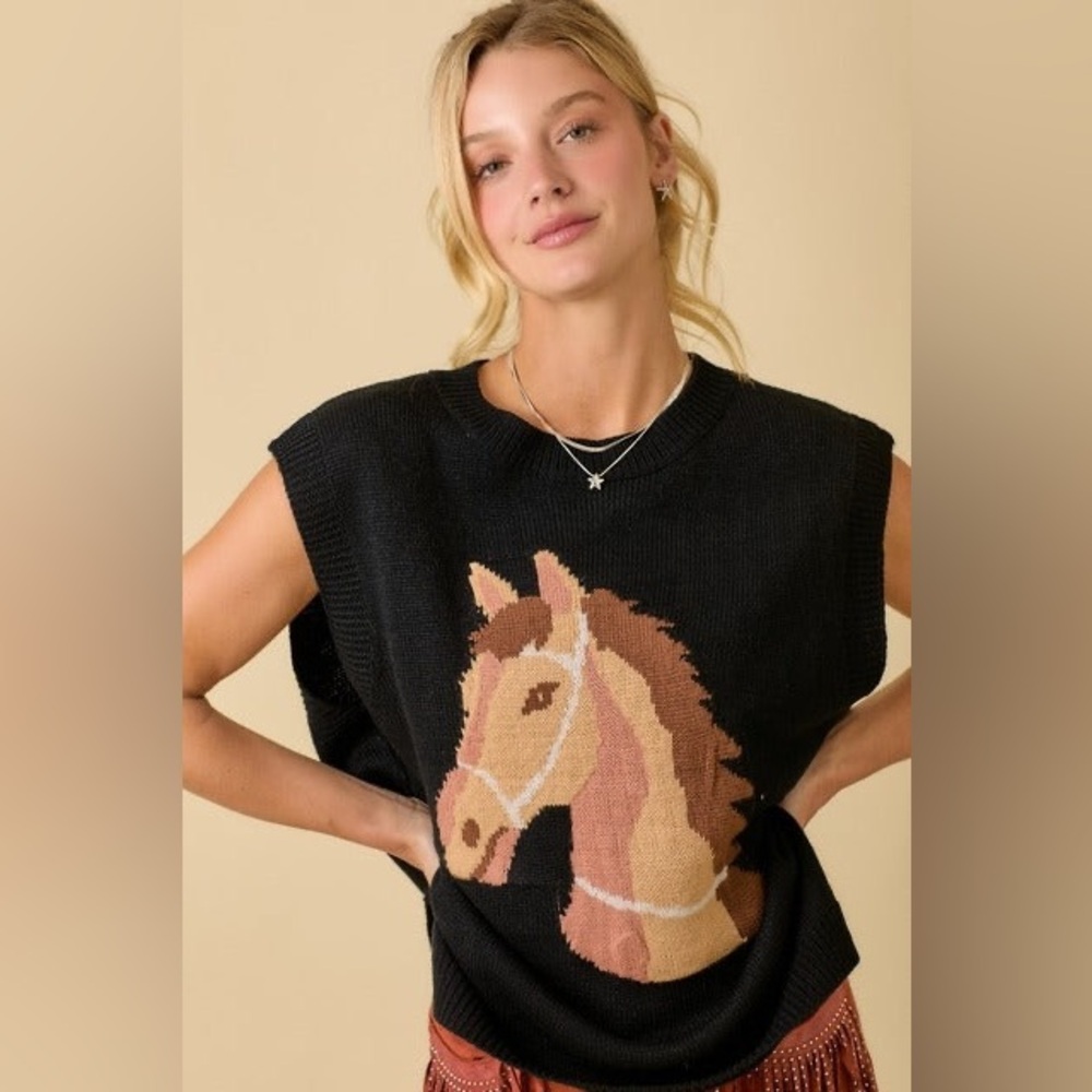 Western Horse Oversized Sleeveless Sweater Vest Top - Main Strip - Picture 1 of 7